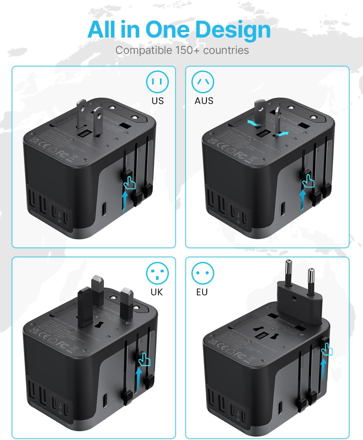 VINTAR Universal Travel Adapter 30W, International Power Adapter | 3 USB C 2 USB A Ports, All-in-One Travel Essentials Plug Adapter, Worldwide Outlet Converter for EU UK US AU(Type C/G/A/I) - Image 2
