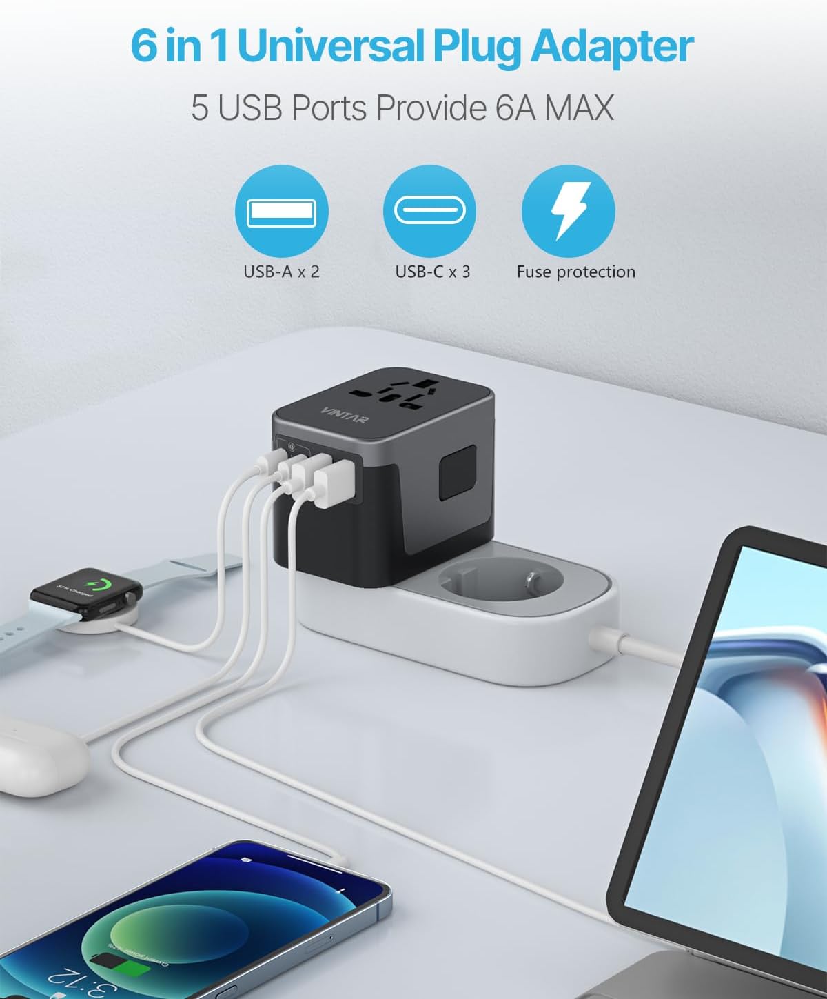 VINTAR Universal Travel Adapter 30W, International Power Adapter | 3 USB C 2 USB A Ports, All-in-One Travel Essentials Plug Adapter, Worldwide Outlet Converter for EU UK US AU(Type C/G/A/I) - Image 4