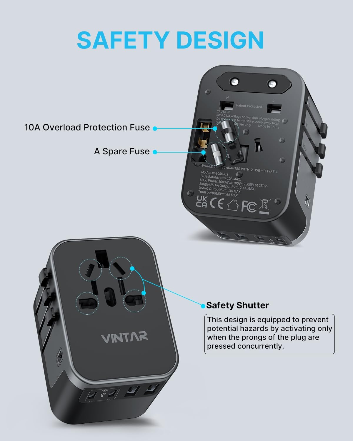 VINTAR Universal Travel Adapter 30W, International Power Adapter | 3 USB C 2 USB A Ports, All-in-One Travel Essentials Plug Adapter, Worldwide Outlet Converter for EU UK US AU(Type C/G/A/I) - Image 5