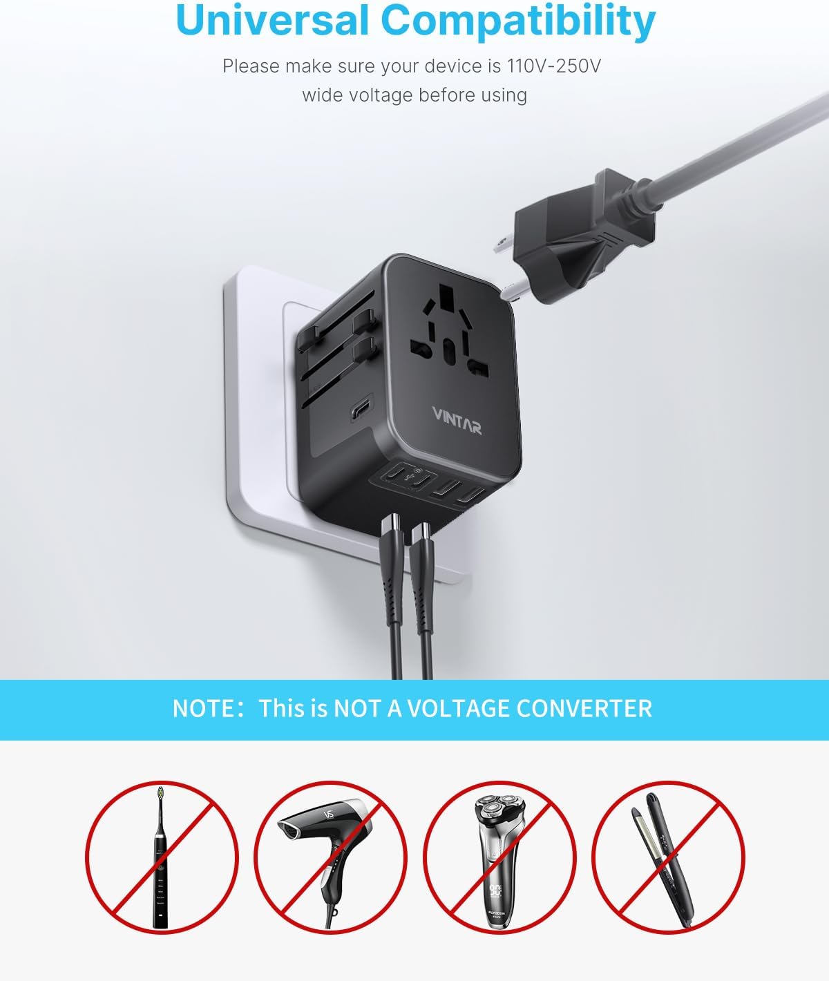 VINTAR Universal Travel Adapter 30W, International Power Adapter | 3 USB C 2 USB A Ports, All-in-One Travel Essentials Plug Adapter, Worldwide Outlet Converter for EU UK US AU(Type C/G/A/I) - Image 6