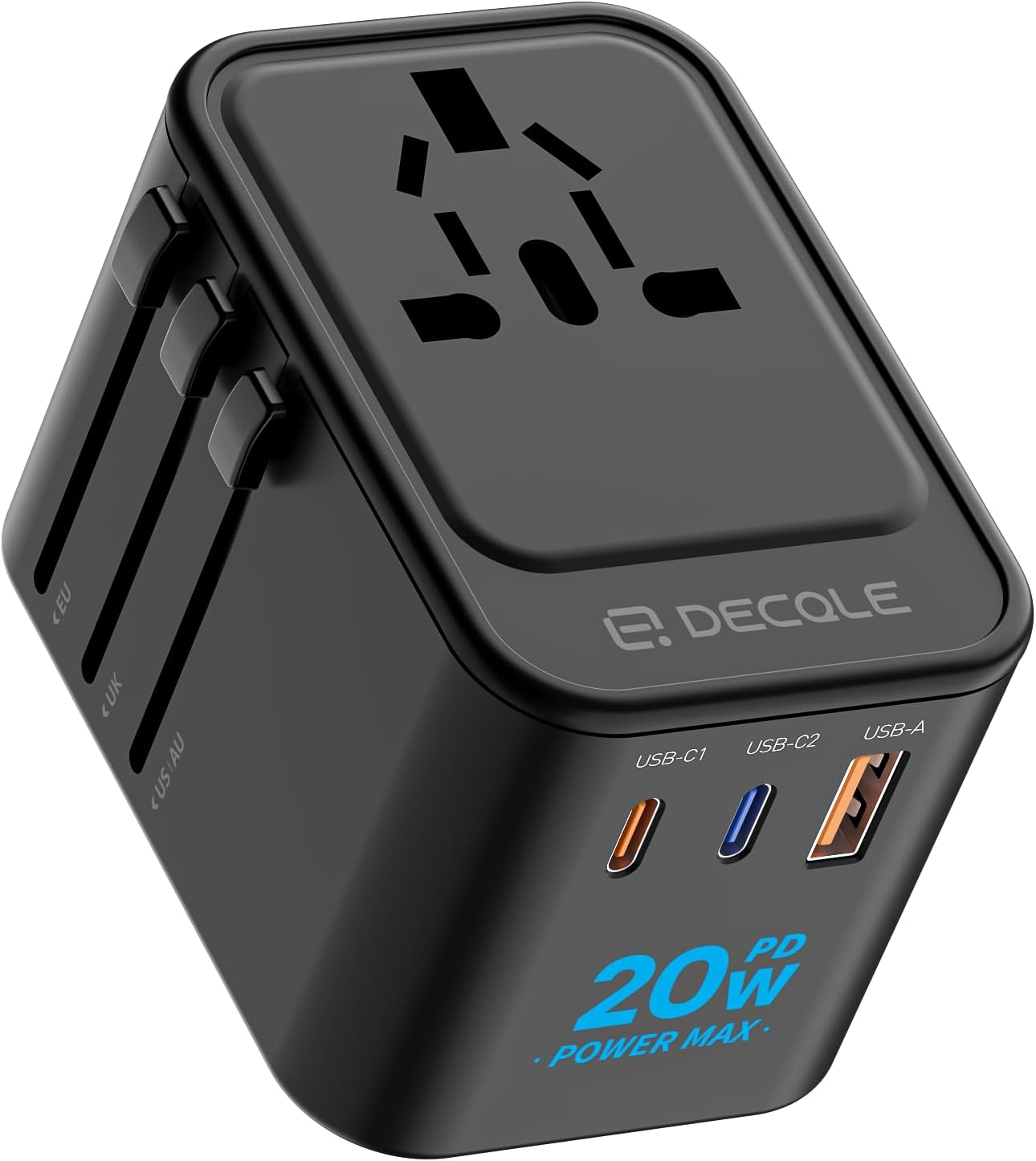 Universal Travel Adapter, 2 USB-C & 1 USB-A, Cover 200+ Countries | PD 20W, International Plug Adapter, All in One Portable Adapter, NOT A Voltage Converter, for USA, UK, EU, AU (Black)