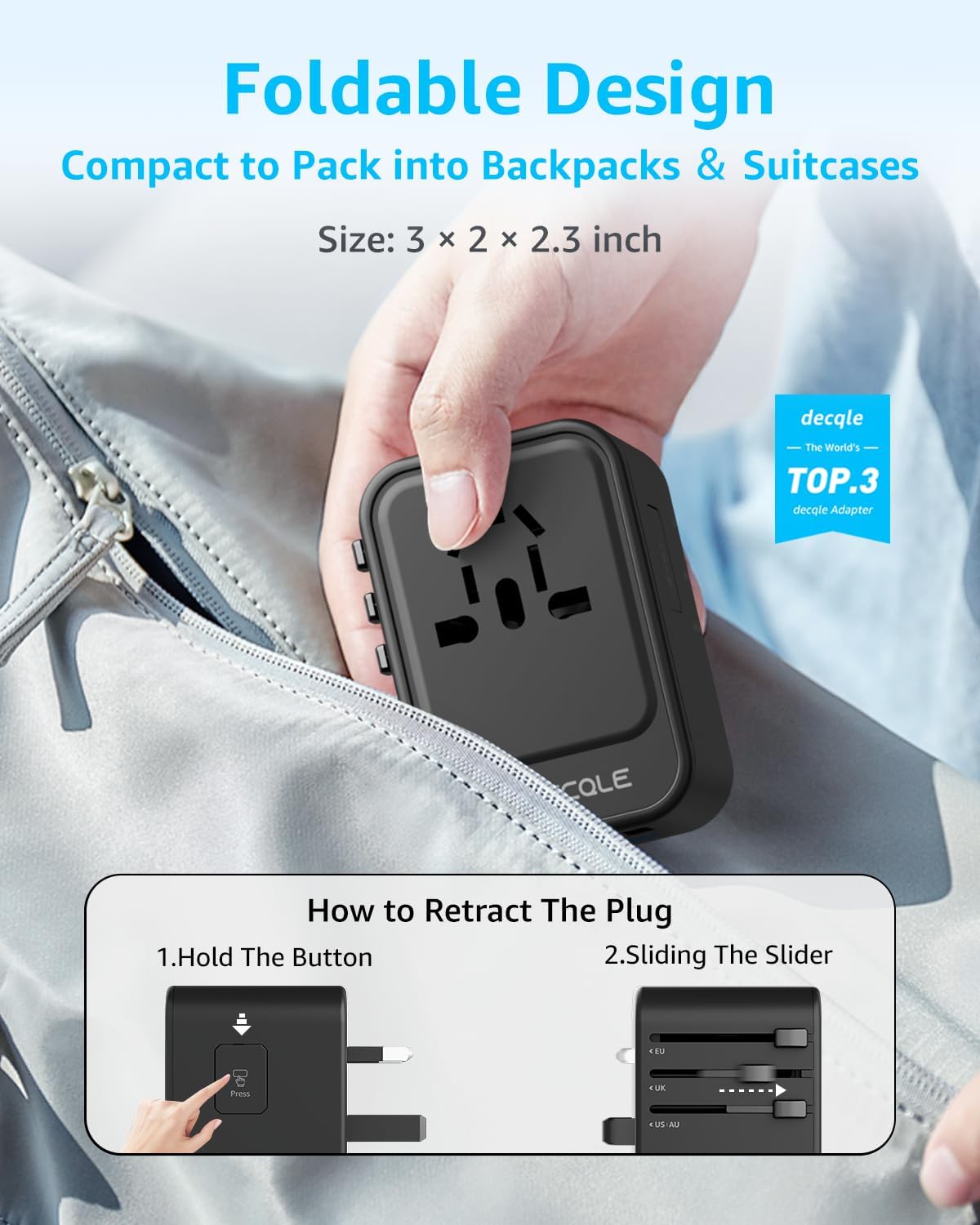 Universal Travel Adapter, 2 USB-C & 1 USB-A, Cover 200+ Countries | PD 20W, International Plug Adapter, All in One Portable Adapter, NOT A Voltage Converter, for USA, UK, EU, AU (Black) - Image 4