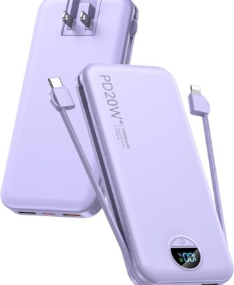 citicr Portable Charger 10000mAh PD20W w/Built-in Cables & Wall Plug Purple | Fast charging, Built-in wall plug, LED display, Charge 5 devices at once, Pass through charging, TSA approved, Pocket size