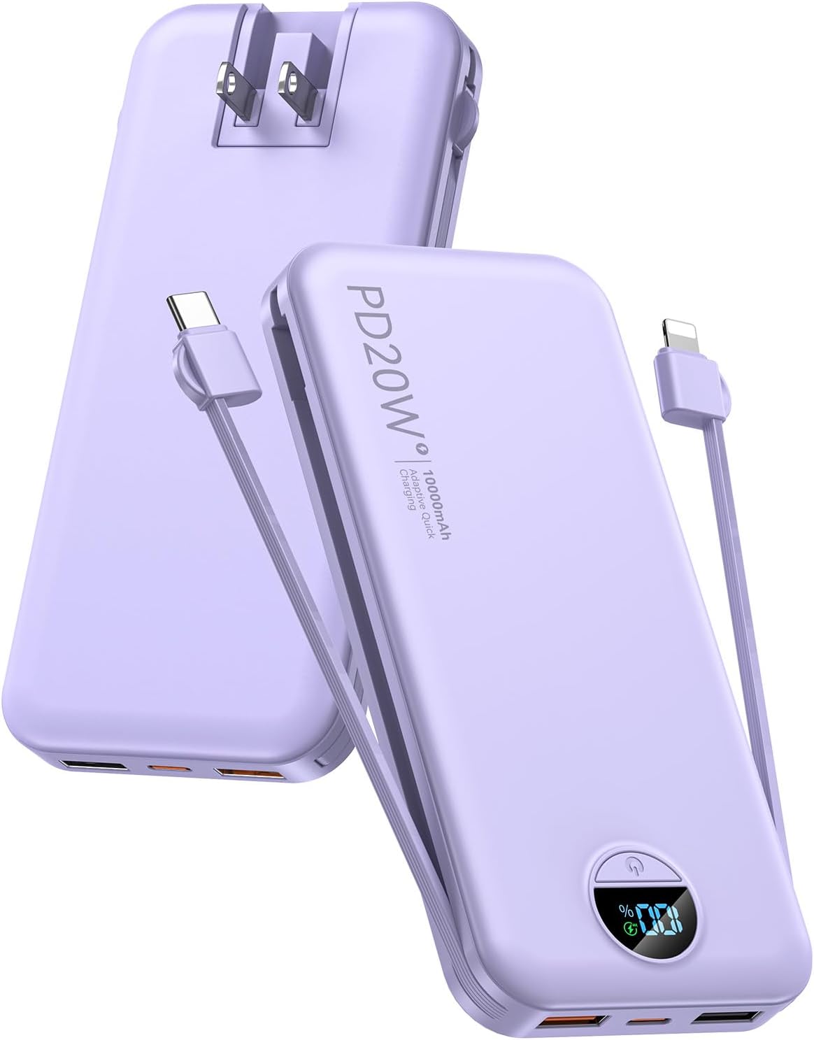 citicr Portable Charger 10000mAh PD20W w/Built-in Cables & Wall Plug Purple | Fast charging, Built-in wall plug, LED display, Charge 5 devices at once, Pass through charging, TSA approved, Pocket size