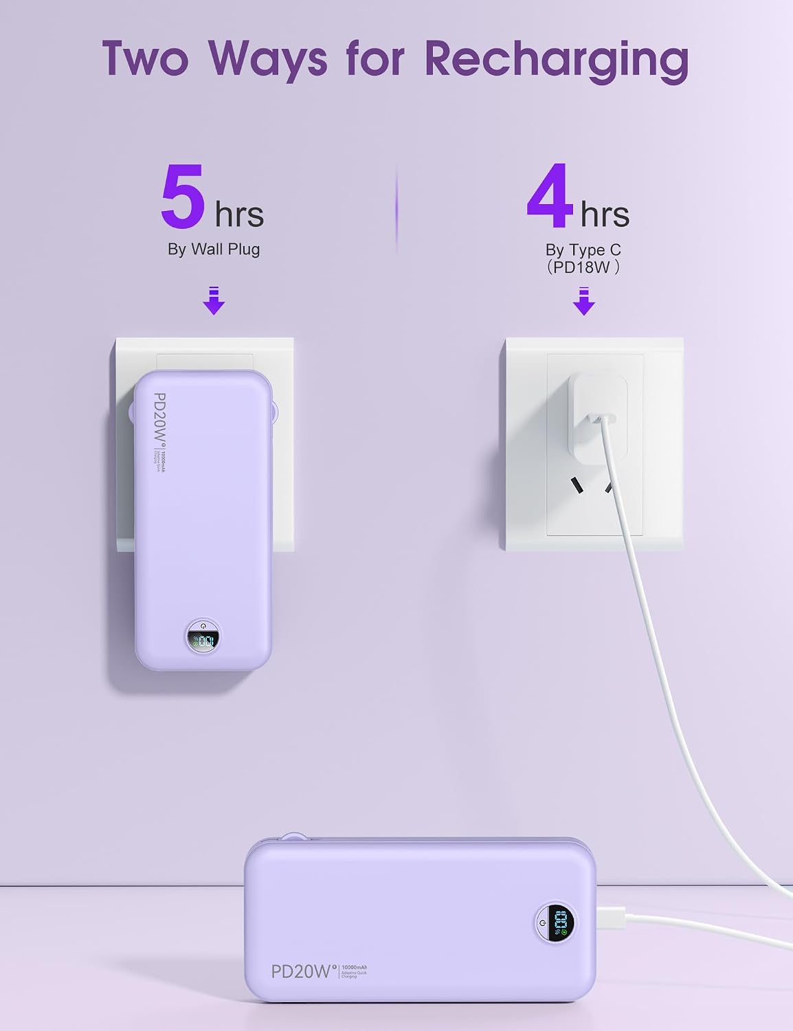 citicr Portable Charger 10000mAh PD20W w/Built-in Cables & Wall Plug Purple | Fast charging, Built-in wall plug, LED display, Charge 5 devices at once, Pass through charging, TSA approved, Pocket size - Image 8