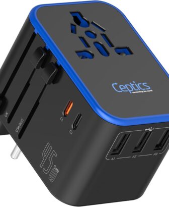 Ceptics Universal Travel Adapter, 45W International Power Adapter with PD & QC 3.0 Dual USB-C, 3 USB Travel Adapter Worldwide, Type I C G A Outlets - EU Euro US UK (11-KU)