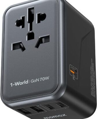 MOMAX Universal Travel Adapter, 70W GaN 6-in-1 Charging Solution | UK/EU/US/AU/JP Compatible with Global Travel, USB-C PD & USB-A Ports for Laptop, Phone & More
