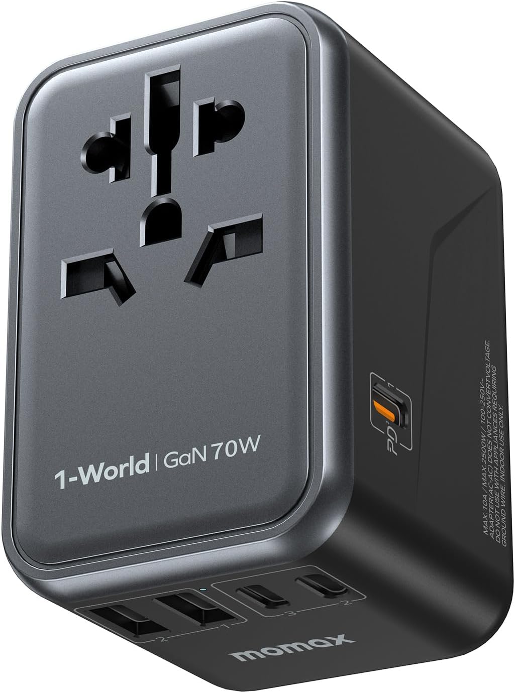 MOMAX Universal Travel Adapter, 70W GaN 6-in-1 Charging Solution | UK/EU/US/AU/JP Compatible with Global Travel, USB-C PD & USB-A Ports for Laptop, Phone & More