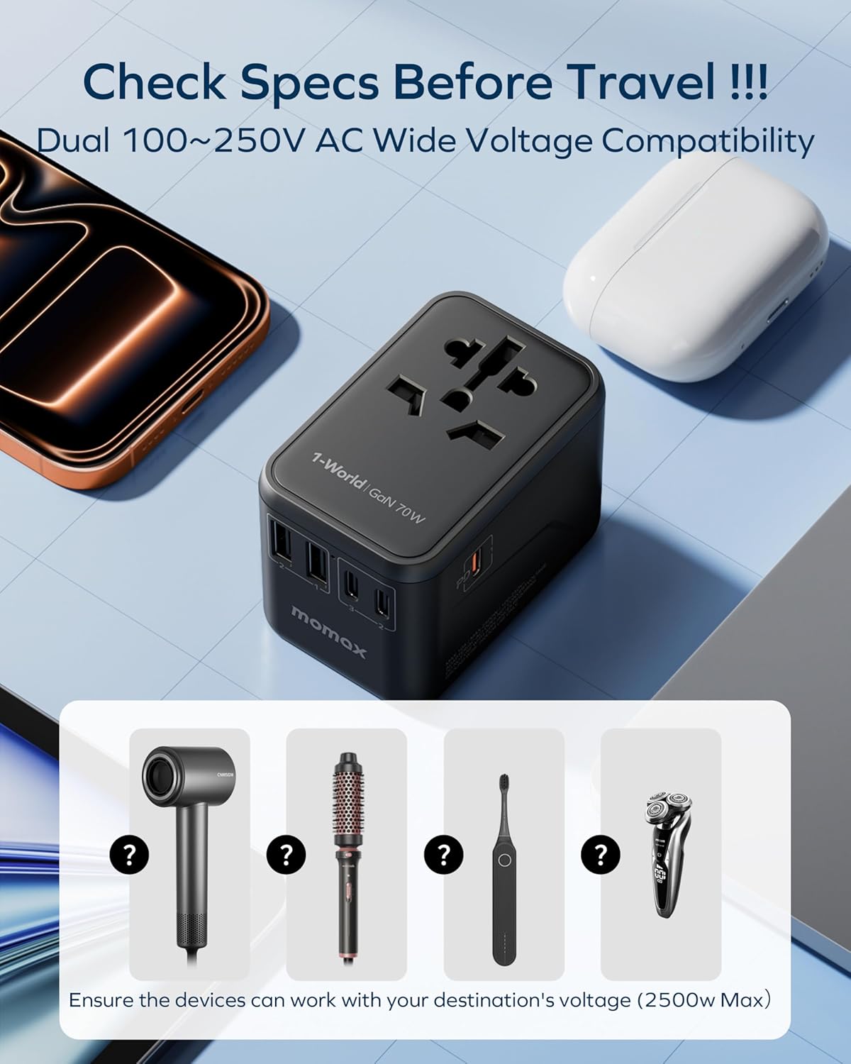 MOMAX Universal Travel Adapter, 70W GaN 6-in-1 Charging Solution | UK/EU/US/AU/JP Compatible with Global Travel, USB-C PD & USB-A Ports for Laptop, Phone & More - Image 9