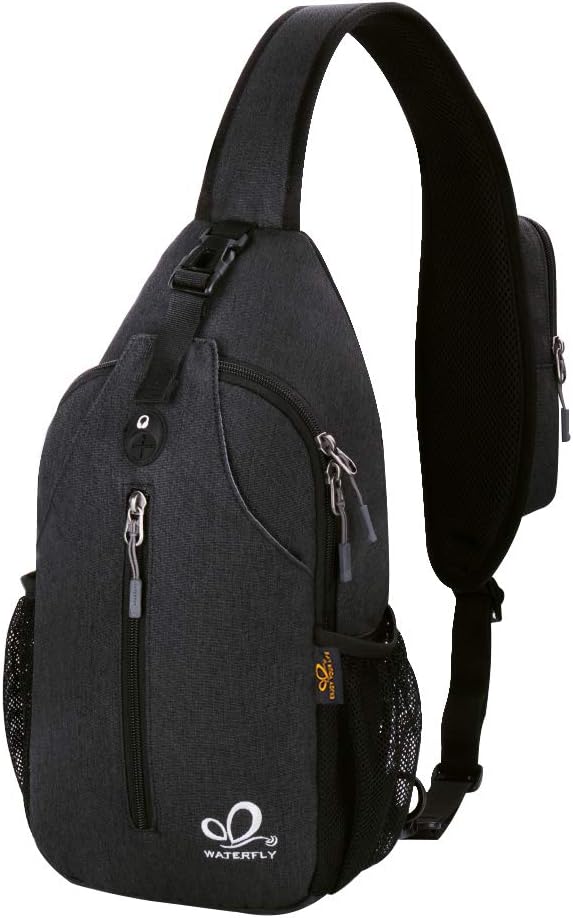 WATERFLY Crossbody Sling Backpack Sling Bag Travel Hiking Chest Bag Daypack (Black) | Small Hiking bag,Multi-compartment storage,Water-resistant,Breathable back pad,Reversible adjustable shoulder strap