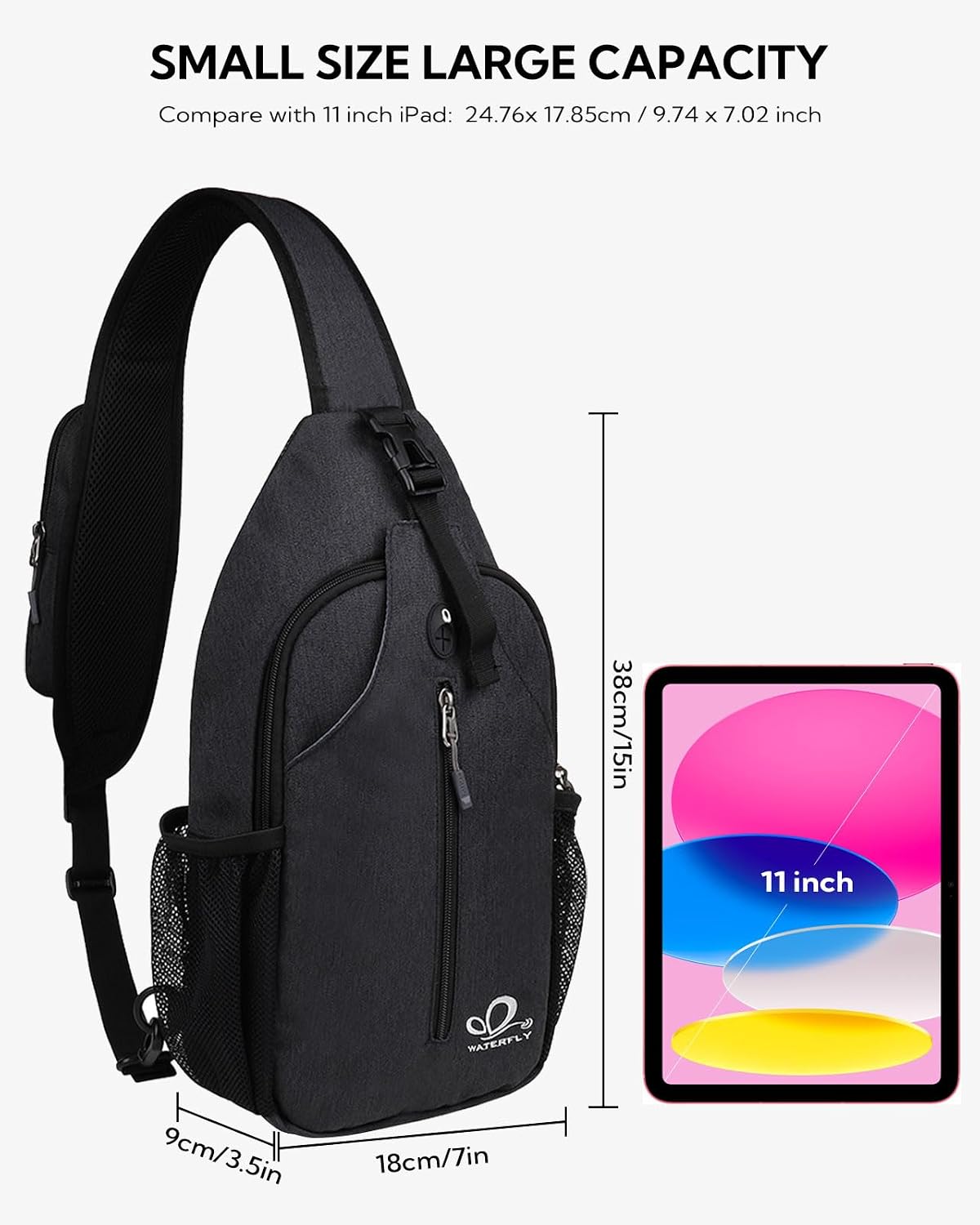 WATERFLY Crossbody Sling Backpack Sling Bag Travel Hiking Chest Bag Daypack (Black) | Small Hiking bag,Multi-compartment storage,Water-resistant,Breathable back pad,Reversible adjustable shoulder strap - Image 2
