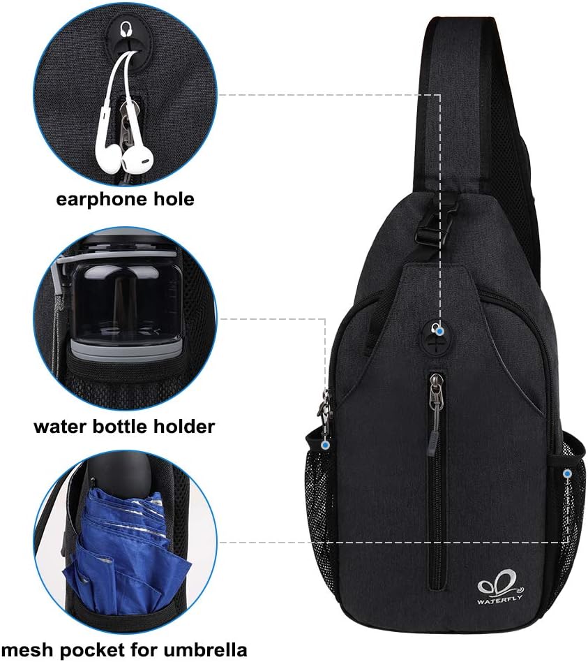 WATERFLY Crossbody Sling Backpack Sling Bag Travel Hiking Chest Bag Daypack (Black) | Small Hiking bag,Multi-compartment storage,Water-resistant,Breathable back pad,Reversible adjustable shoulder strap - Image 5